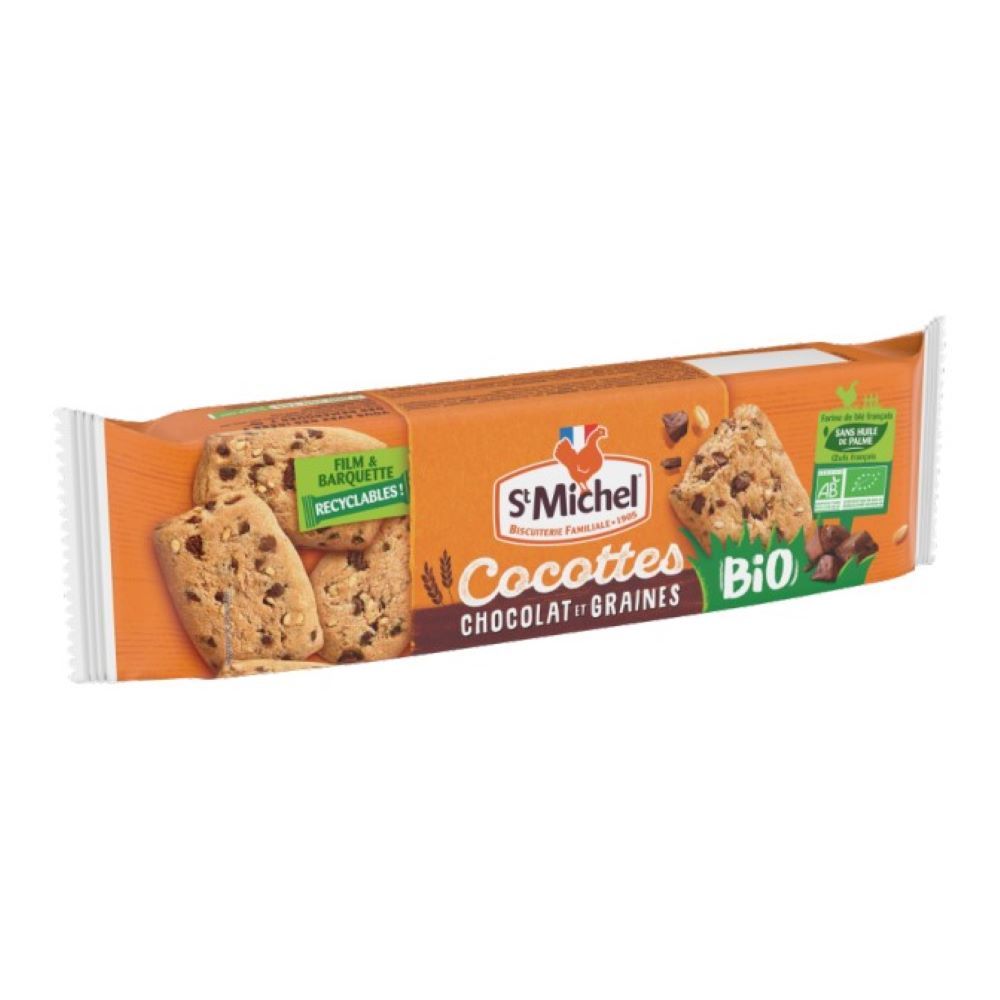 Verpackung mit Cocottes-Keksen mit Schokolade und Körnern. Marke S. Michel, Bio-Siegel.