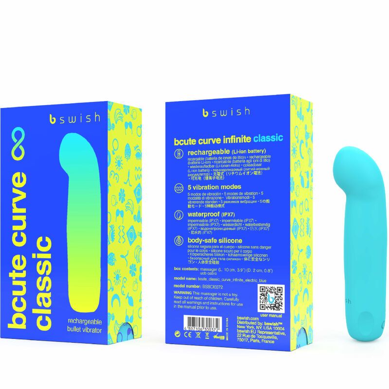 Türkisfarbener Vibrator und Verpackung. Verpackung mit Produktname und Marke. Produktinformationen auf der Rückseite.