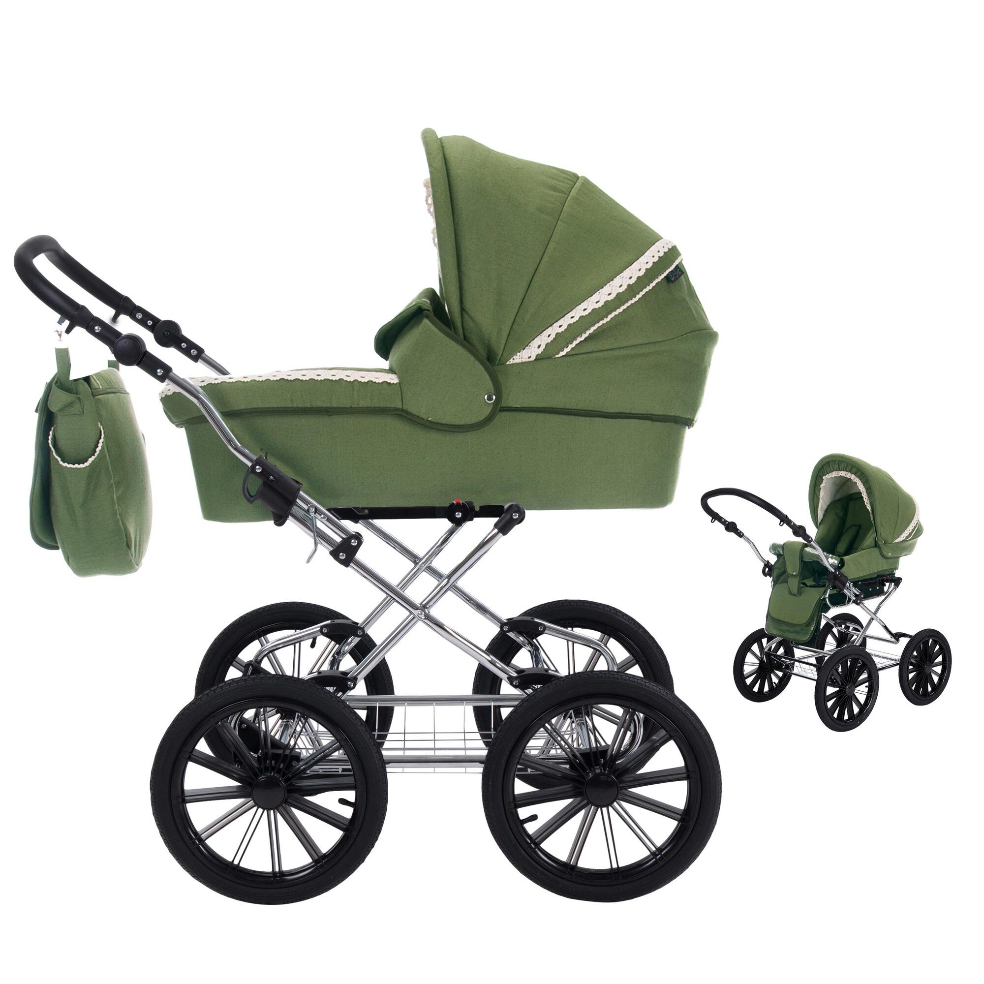 Grüner Kombikinderwagen mit silbernem Gestell und schwarzem Rädern. Inklusive Tasche. Nostalgie-Design.