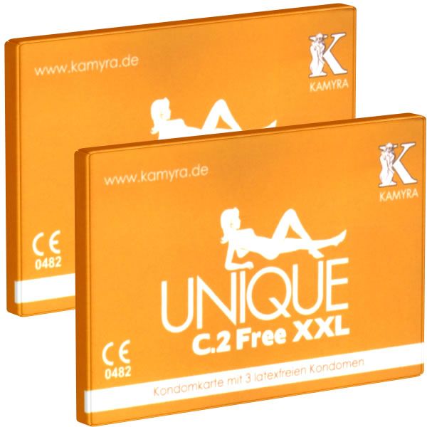 Twee oranje condoomkaarten. Opschrift: UNIQUE C.2 Free XXL, www.kamyra.de, CE 0482. Merk: Kamyra.