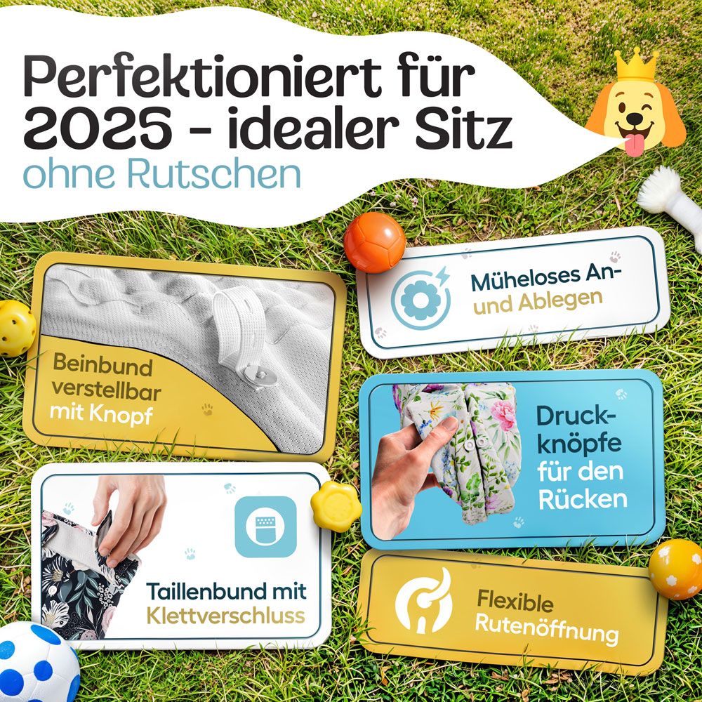 Windel mit Knöpfen und Klettverschluss. Flexible Rutenöffnung. Text: Perfekt für 2025 - idealer Sitz ohne Rutschen.