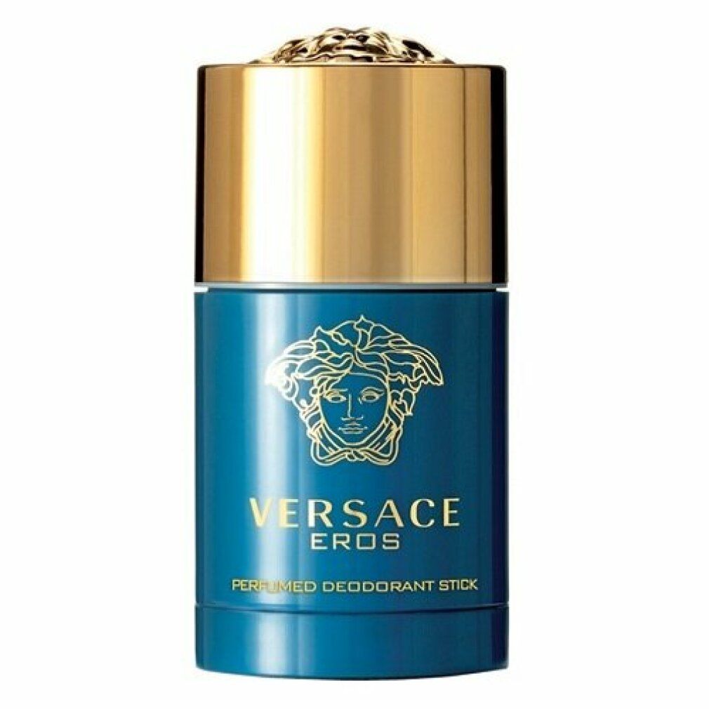 Blauer Deostift mit goldener Kappe. Aufschrift: Versace Eros. Deodorant Stick. Goldene Medusa.