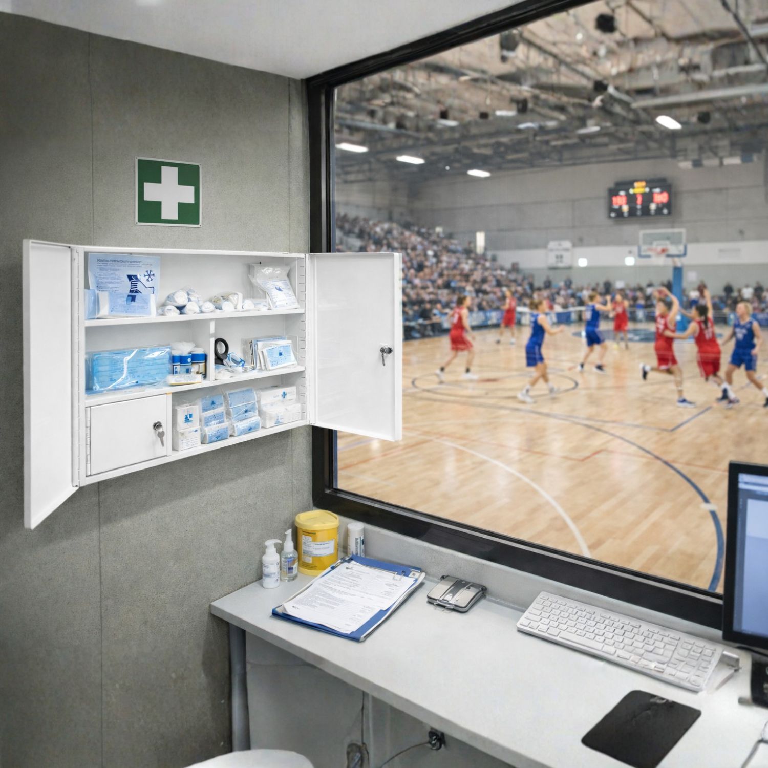 Verbandschrank an Wand, geöffnet. Blick auf Sportveranstaltung durch Fenster. Erste-Hilfe-Materialien.