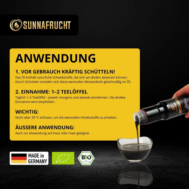SUNNAFRUCHT® Premium Ungefiltertes BIO Schwarzkümmelöl kaltgepresst