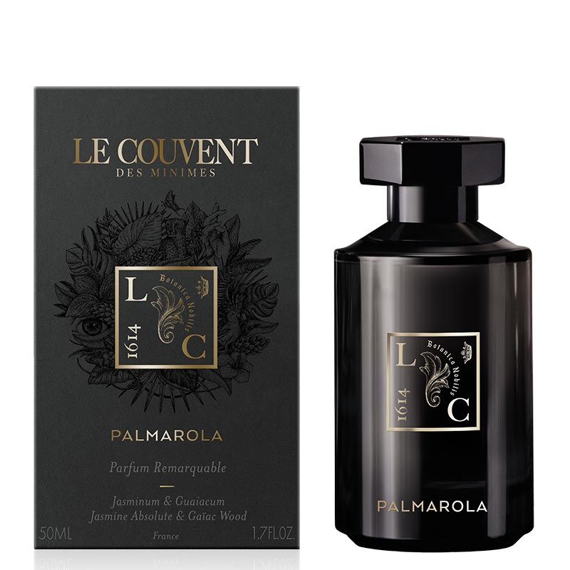 Schwarze Parfumflasche und -verpackung. Aufschrift: PALMAROLA, Le Couvent des Minimes. 1614 und LC-Logo.