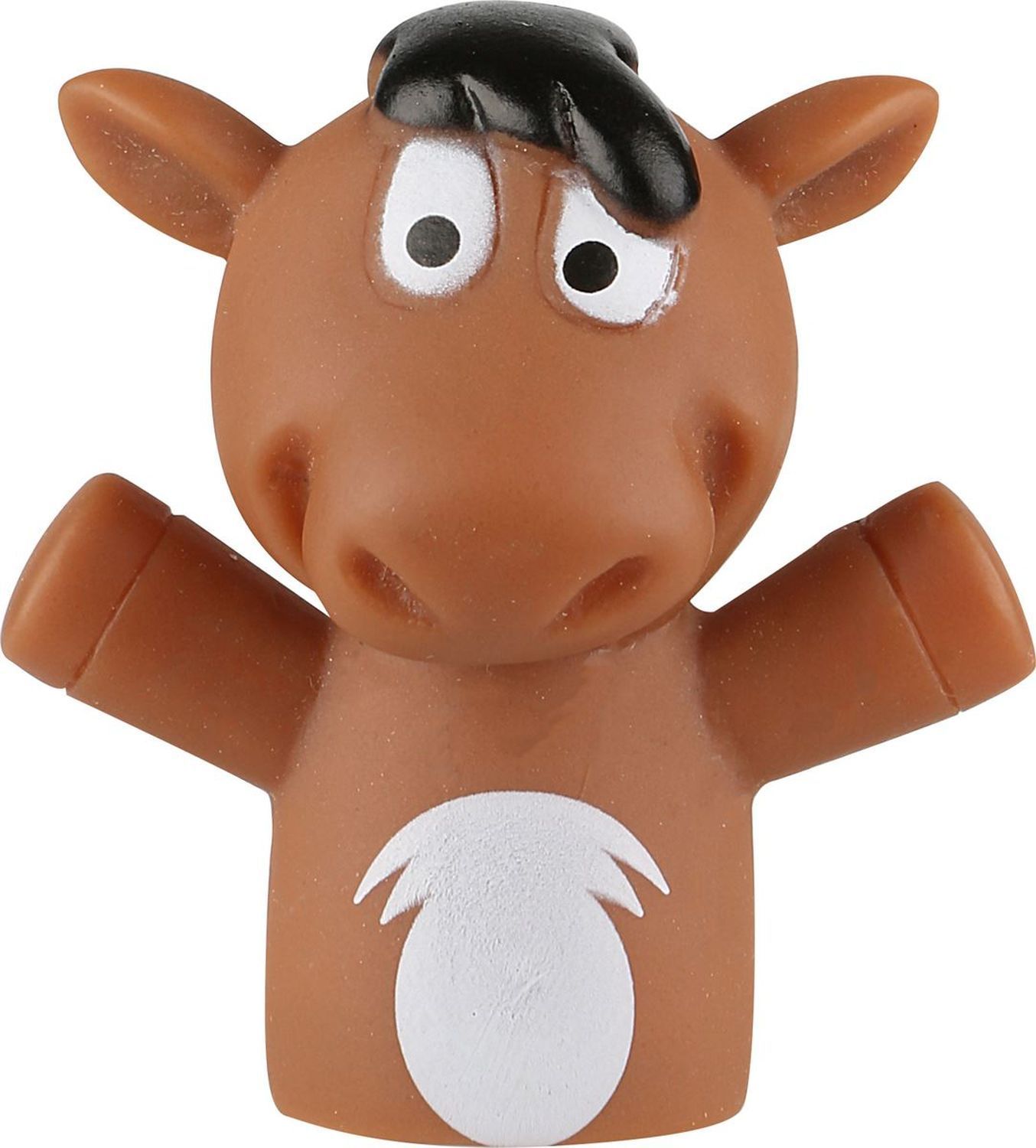 Braunes Fingerpuppen-Pferd mit schwarzer Mähne. Weißer Fleck auf der Brust.