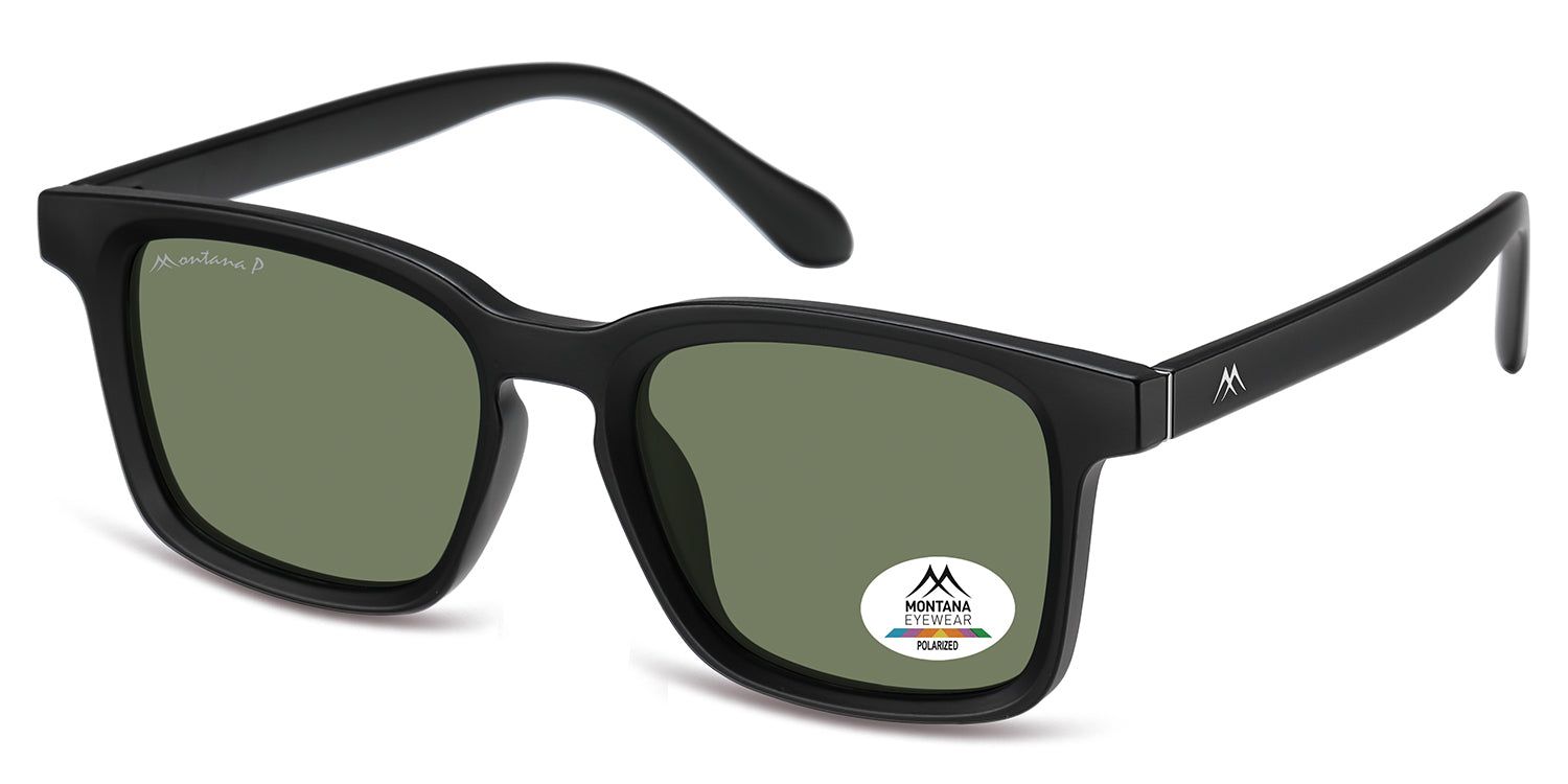 Schwarze Sonnenbrille mit grünen Gläsern. Montana Eyewear Logo auf dem Bügel und Glas. Polarisiert.