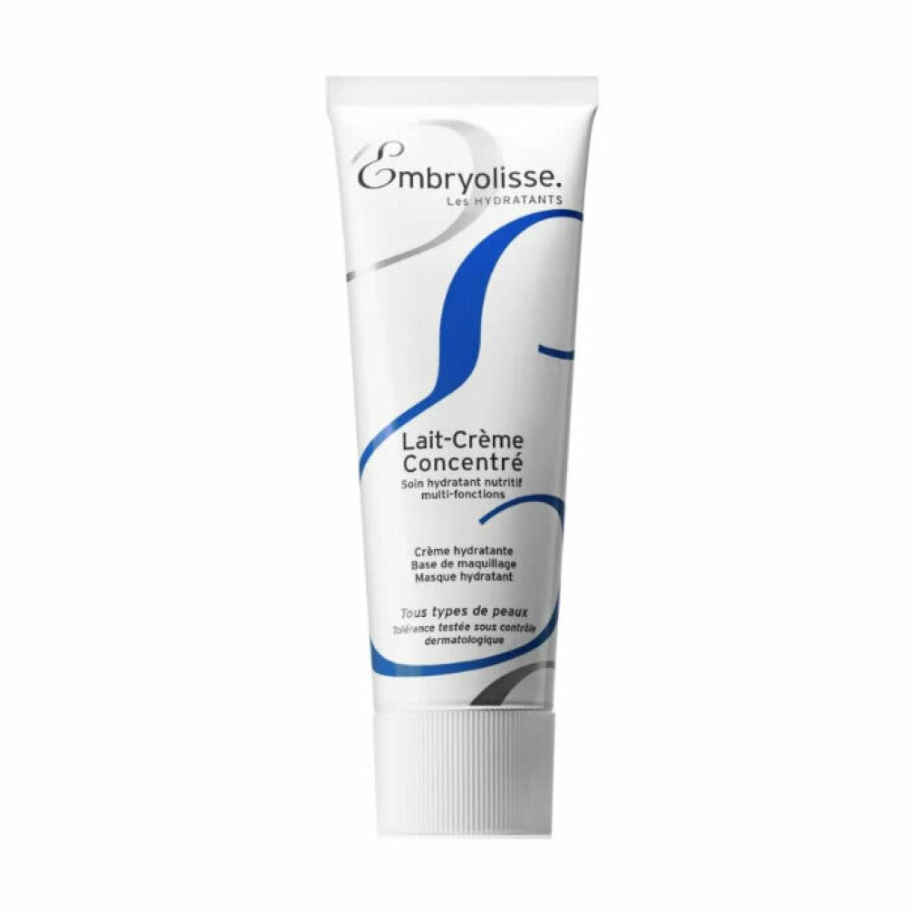 Weiße Tube mit blauem Design. Aufschrift: Embryolisse Lait-Crème Concentré. Für alle Hauttypen. Dermatologisch getestet.