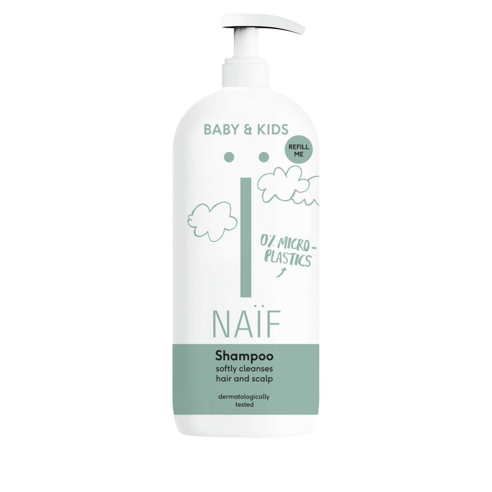 Weiße Flasche mit Pumpe. Aufschrift: BABY & KIDS, NAÏF Shampoo. Mintfarbener Streifen mit Text. Dermatologisch getestet.
