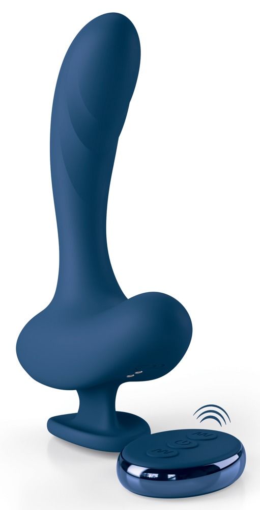 Blauer Wellness-Artikel mit Fernbedienung. Runde Fernbedienung mit drei Tasten und Funkwellen-Symbol.