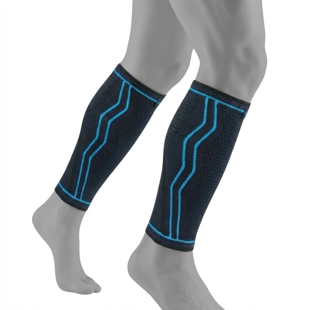 Zwei Wadenbandagen, schwarz mit blauen Akzenten. Anatomische Form. Für Beine.