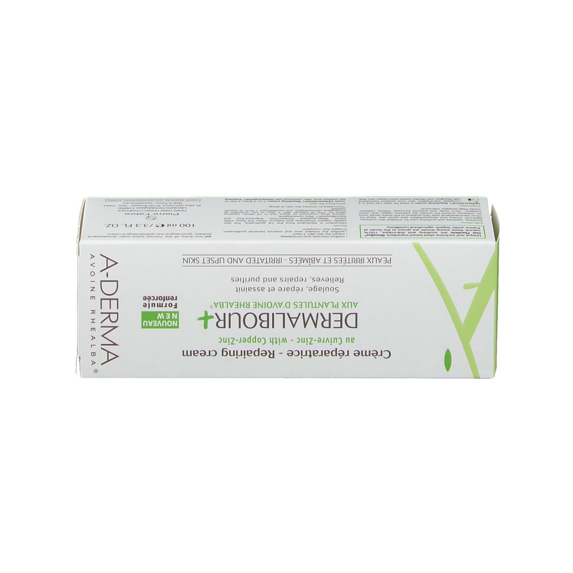 Produktverpackung. Text: DERMALIBOUR+ Crème réparatrice, A-DERMA. Enthält Kupfer-Zink. Für irritierte Haut.