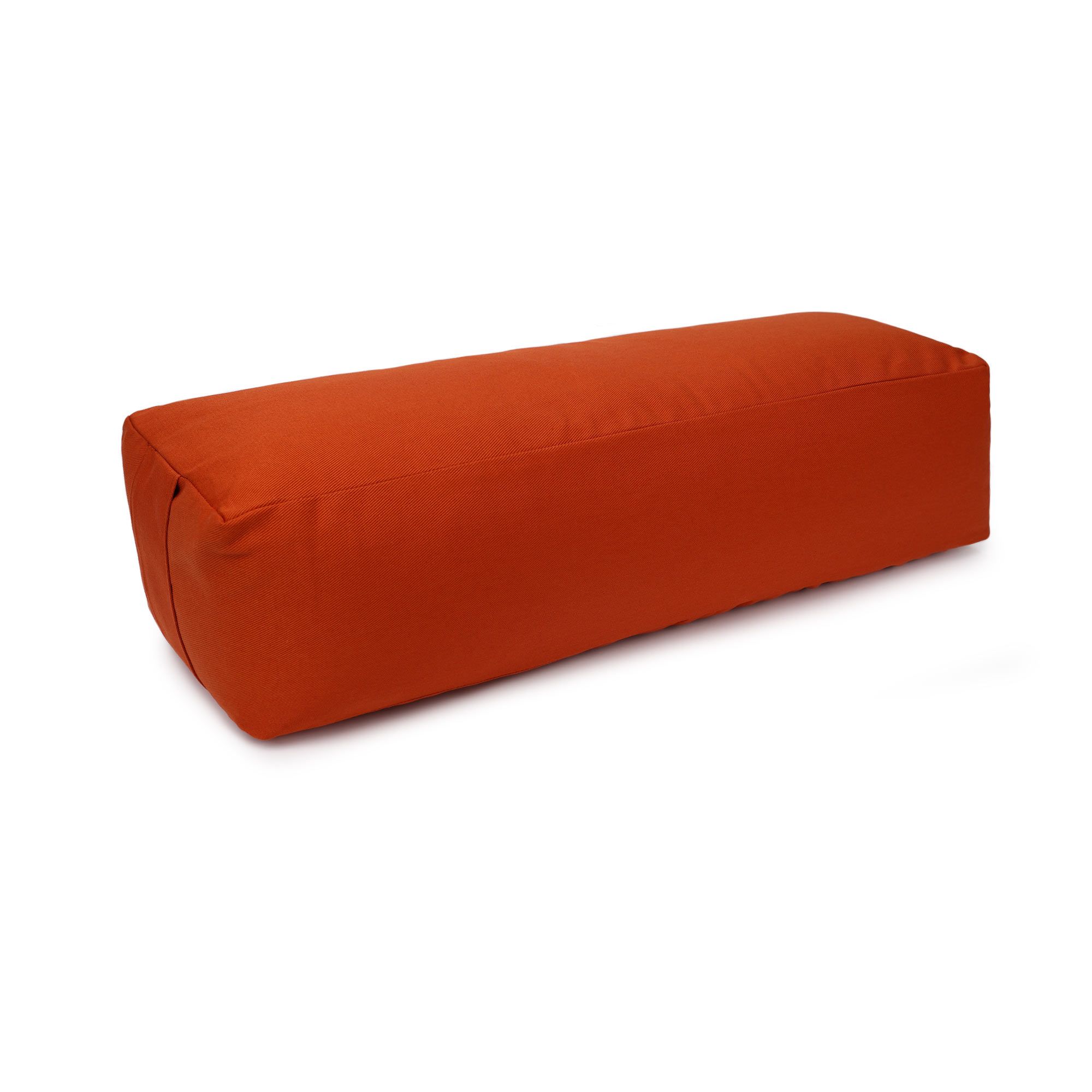 Orangefarbenes rechteckiges Yoga-Bolster aus Stoff mit Reißverschluss.