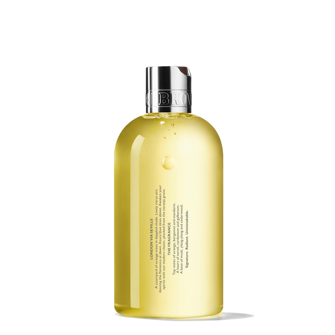 Gelbe Flüssigkeit in einer Flasche mit silbernem Verschluss. Text: London via Seville, The Fragrance.