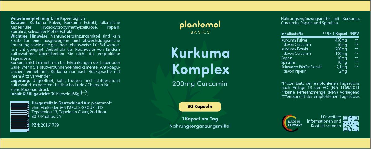 Grünes Etikett mit Produktinformationen. Aufschrift: plantomol Basics, Kurkuma Komplex, 200mg Curcumin, 90 Kapseln. Hergestellt in Deutschland.
