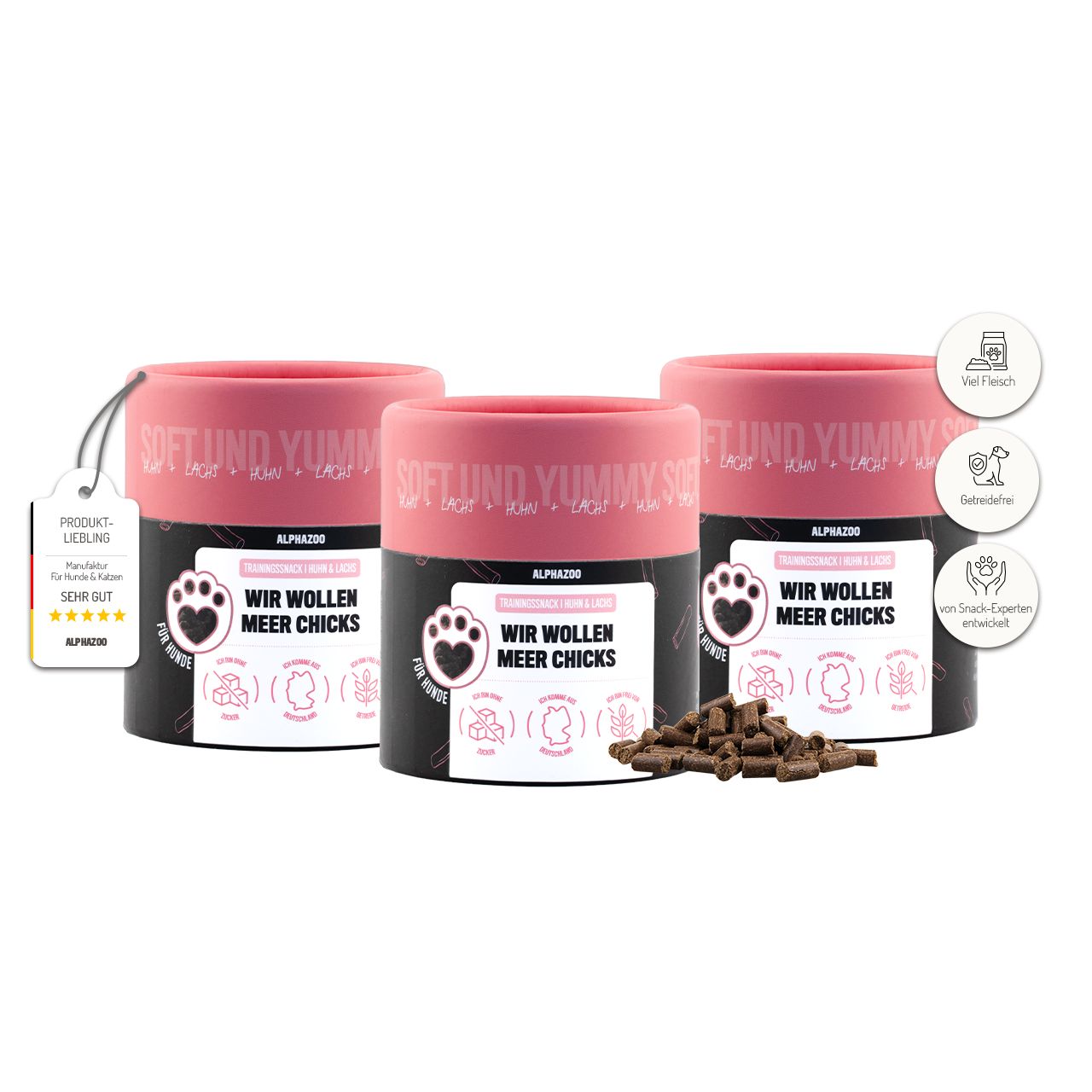 Drei Dosen Hundesnacks mit Lachs und Huhn, "WIR WOLLEN MEER CHICKS".