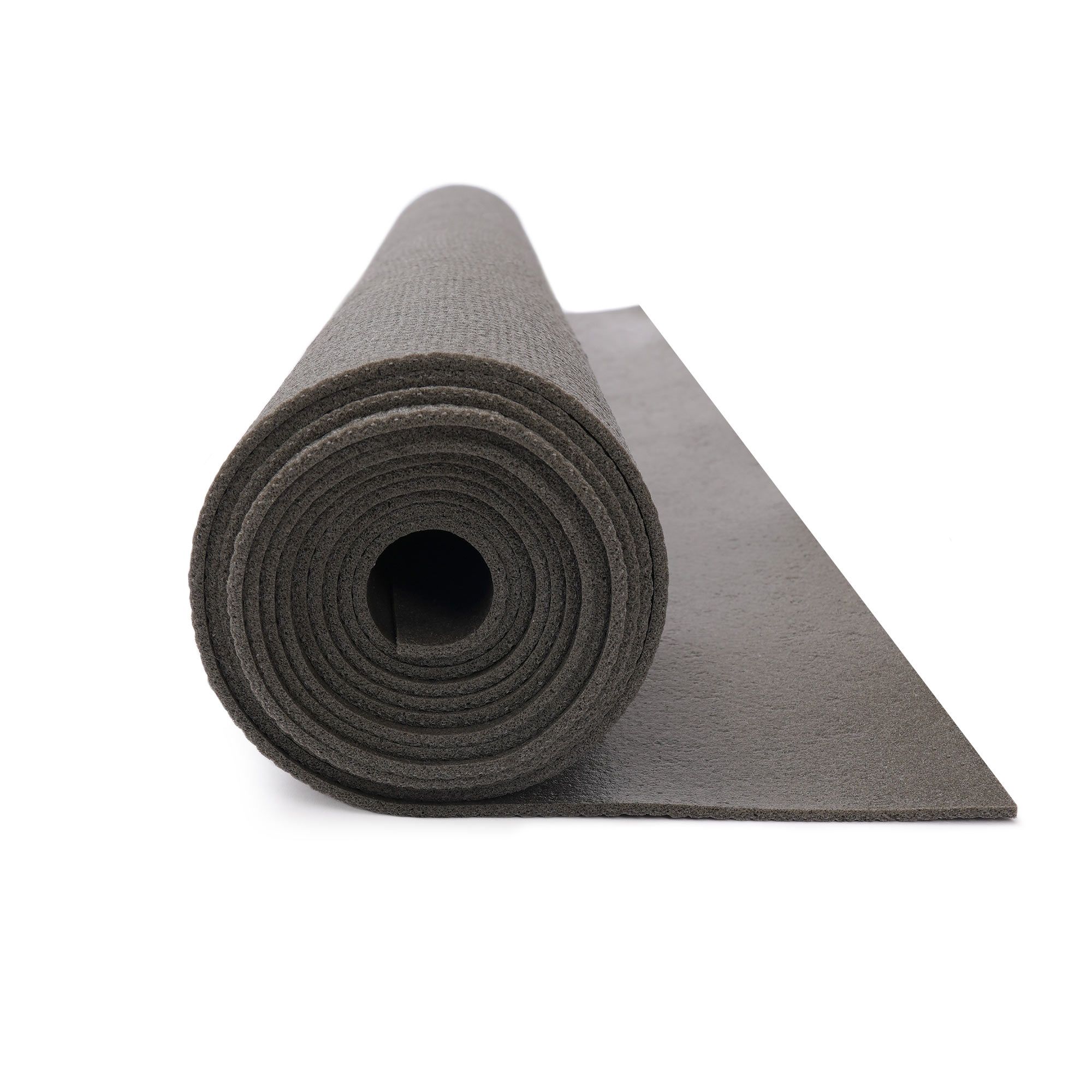 Graue Yogamatte, aufgerollt, mit sichtbarer Textur und Kern.