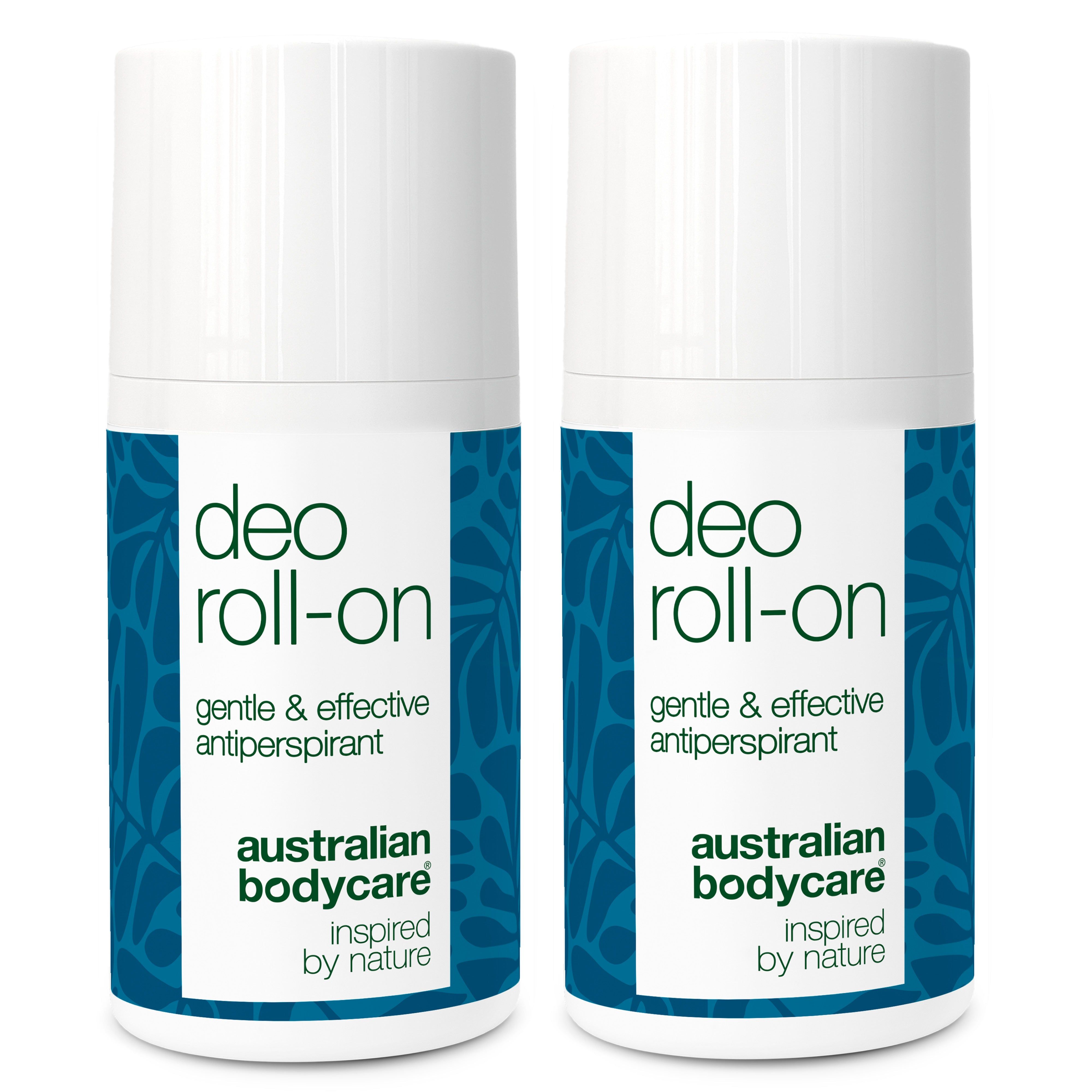 Zwei Roll-on-Deos nebeneinander. Text: Deo Roll-on, gentle & effective antiperspirant, Australian Bodycare.