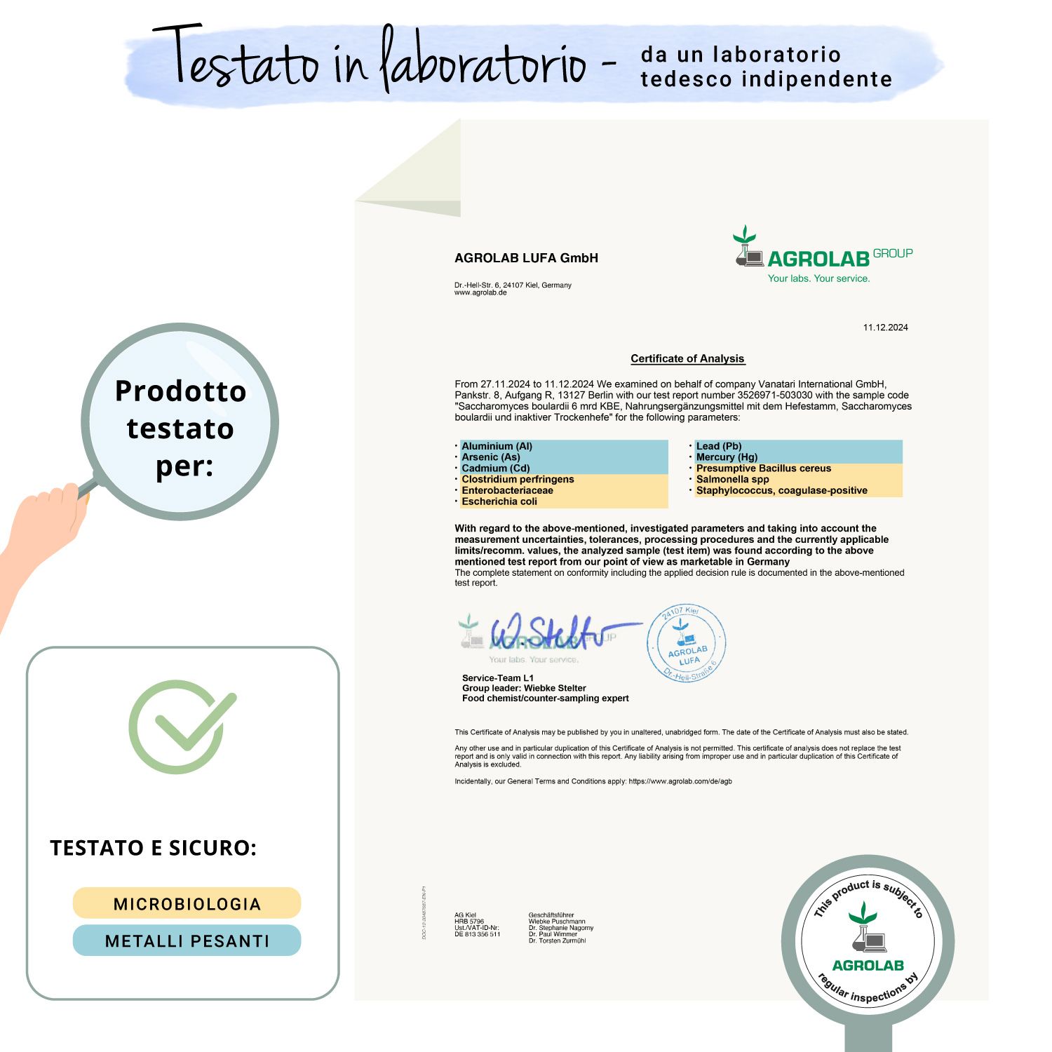 Certificato Agrolab. Testato per microbiologia e metalli pesanti. Logo.