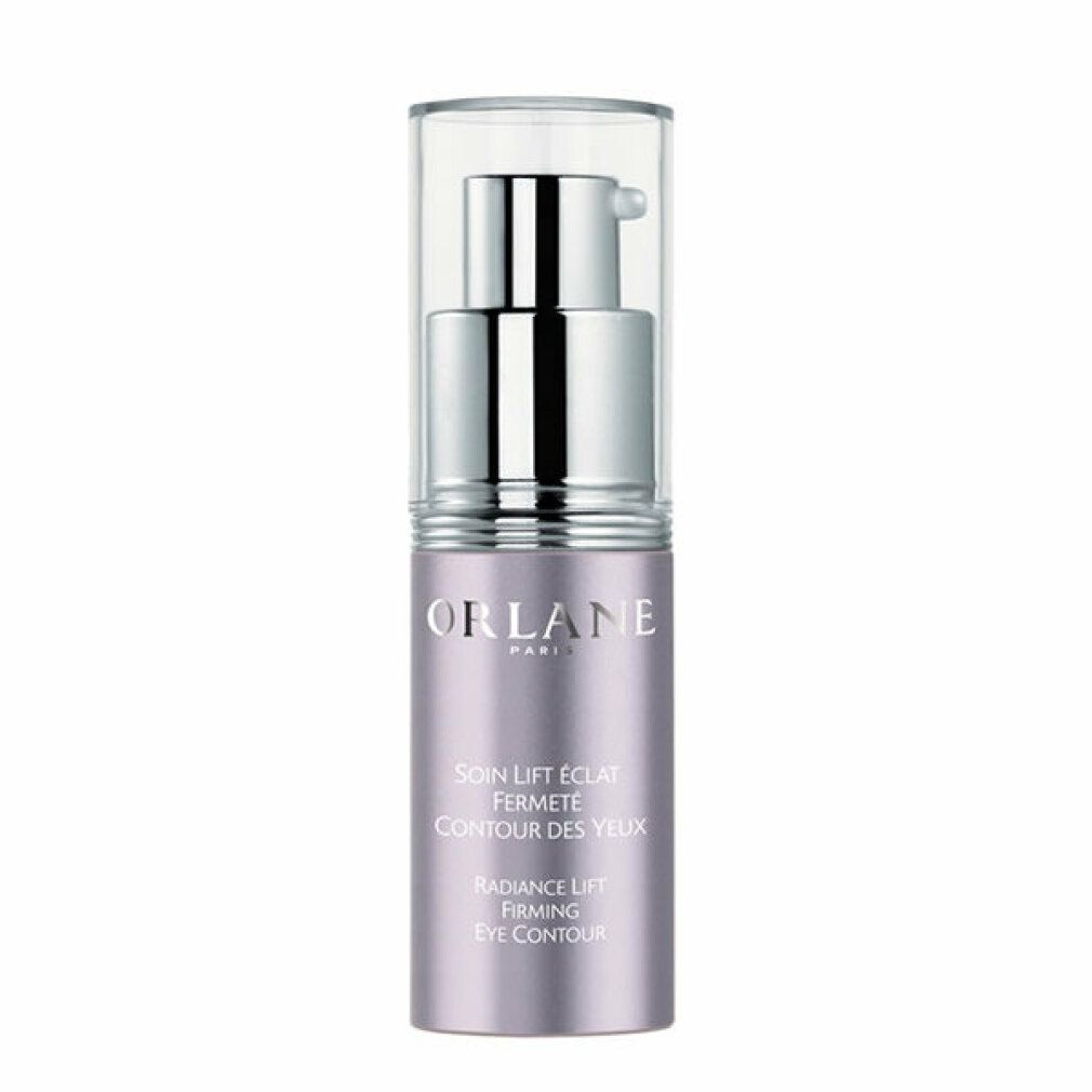 Orlane Radiance Lift Firming Eye Contour. Lila Flakon mit silberner Pumpe. Text: Soin Lift Eclat Fermeté Contour des Yeux.