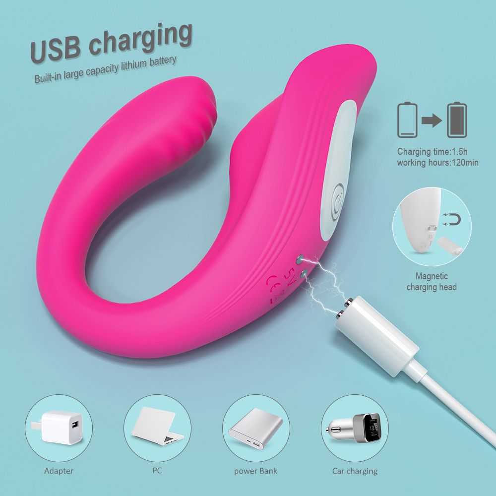 Rosa Vibrator mit USB-Ladefunktion. Ladezeit 1,5h, Betriebszeit 120min. Magnetischer Ladekopf. Zubehör: Adapter, PC, Powerbank, Auto.