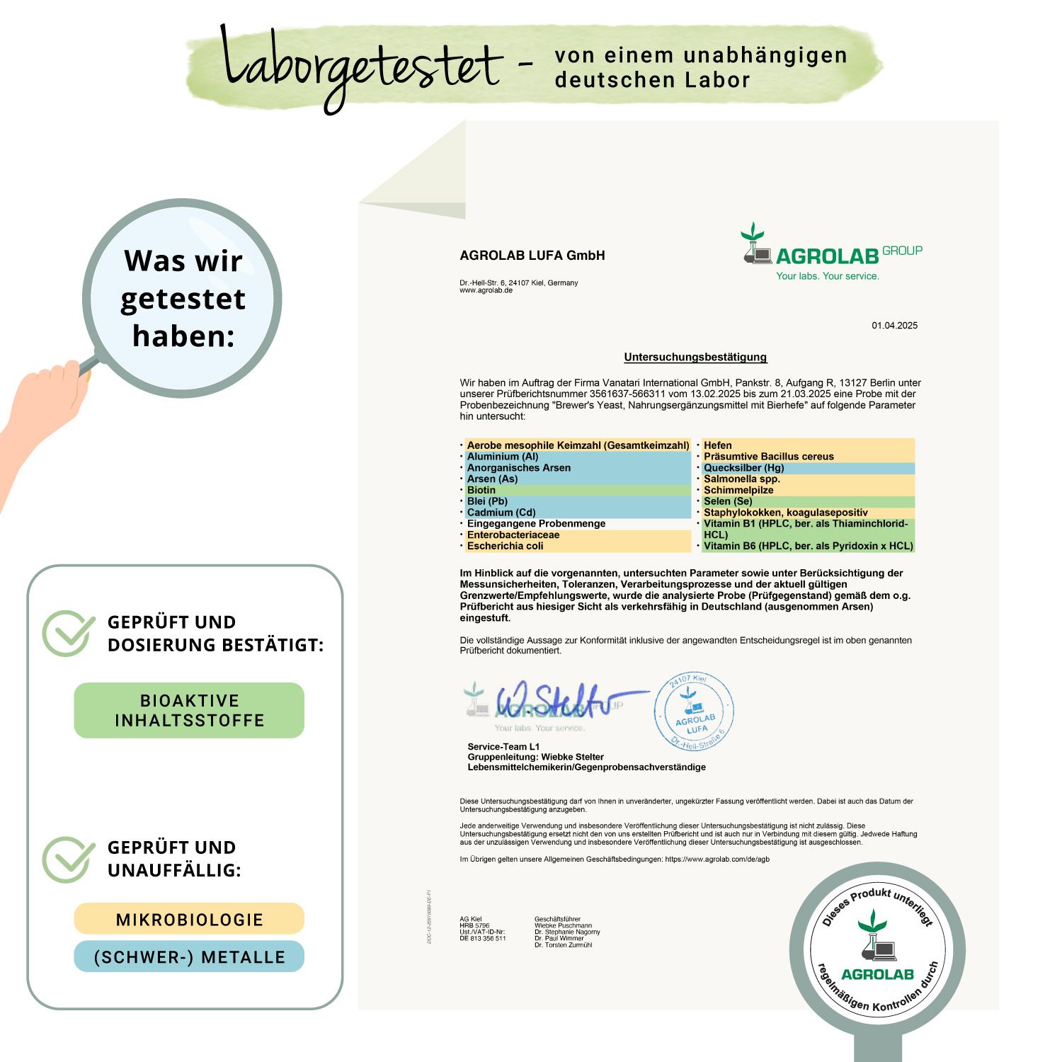 Zertifikat von Agrolab. Bestätigung von Bioaktiven Inhaltsstoffen und Mikrobiologie. Marke: Agrolab.