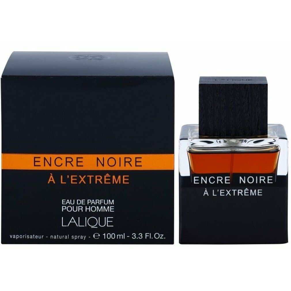 Schwarzer Flakon und Verpackung. Aufschrift: Encre Noire à L'Extreme, Eau de Parfum Pour Homme, Lalique.