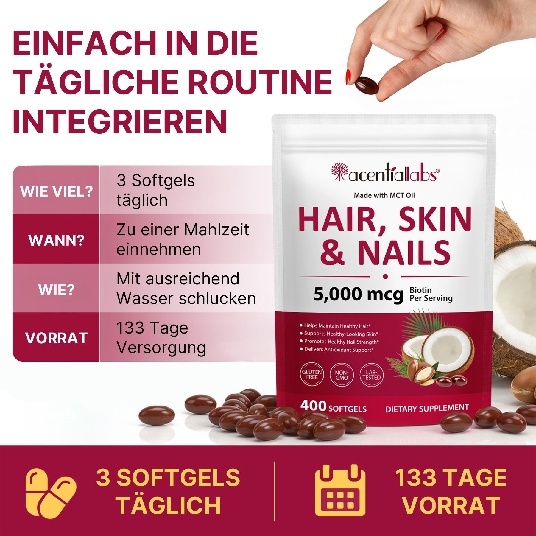 Packung mit "Hair, Skin & Nails" Nahrungsergänzungsmittel, 5.000 mcg Biotin pro Portion, 400 Softgels.