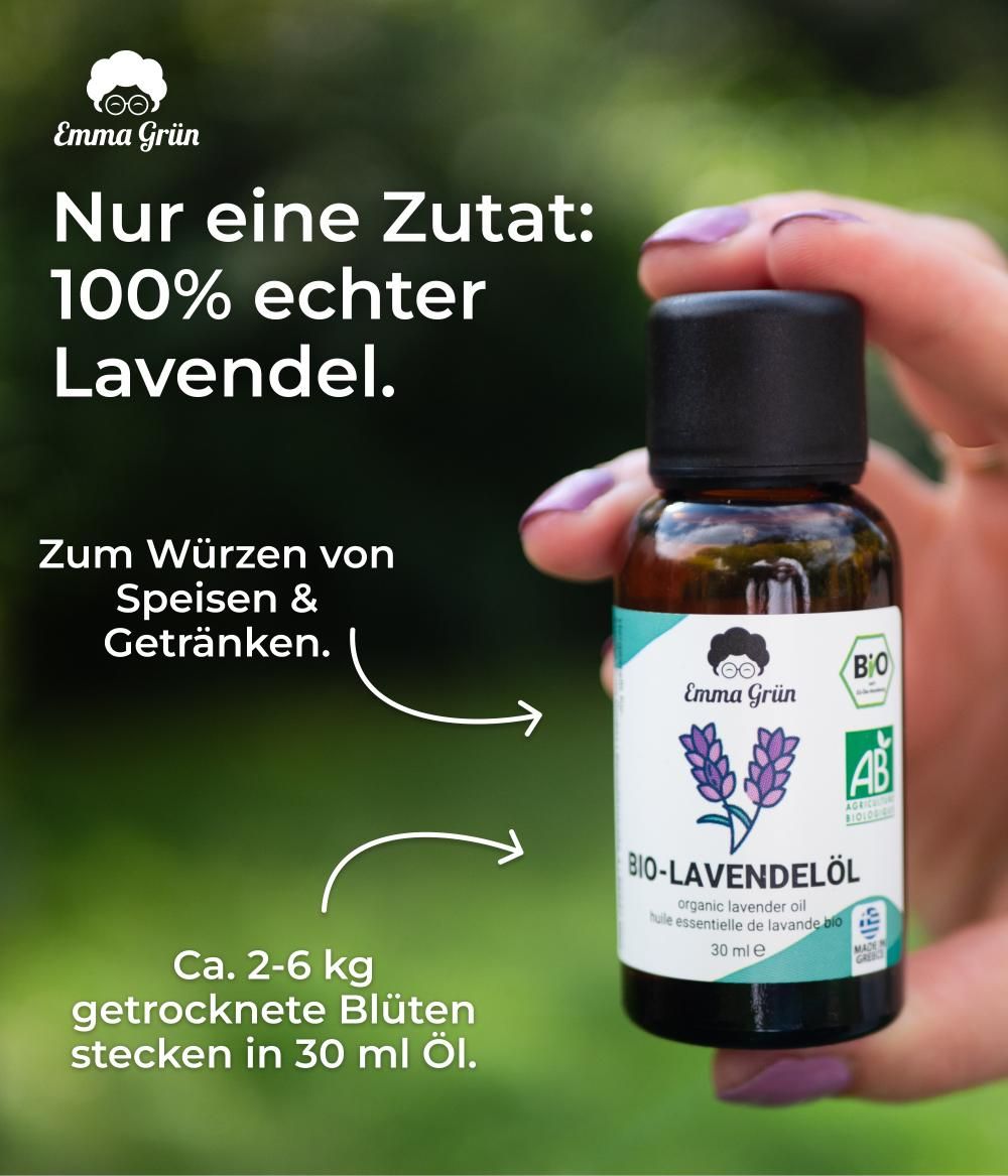Flasche Bio-Lavendelöl, Text: Nur eine Zutat: 100% echter Lavendel. Zum Würzen von Speisen & Getränken. 2-6 kg Blüten in 30 ml Öl.