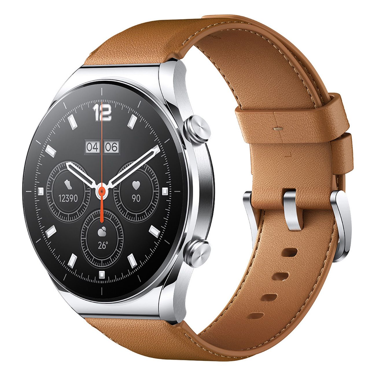 Smartwatch mit braunem Lederarmband. Schwarzes Zifferblatt mit digitalen Anzeigen. Metallgehäuse.