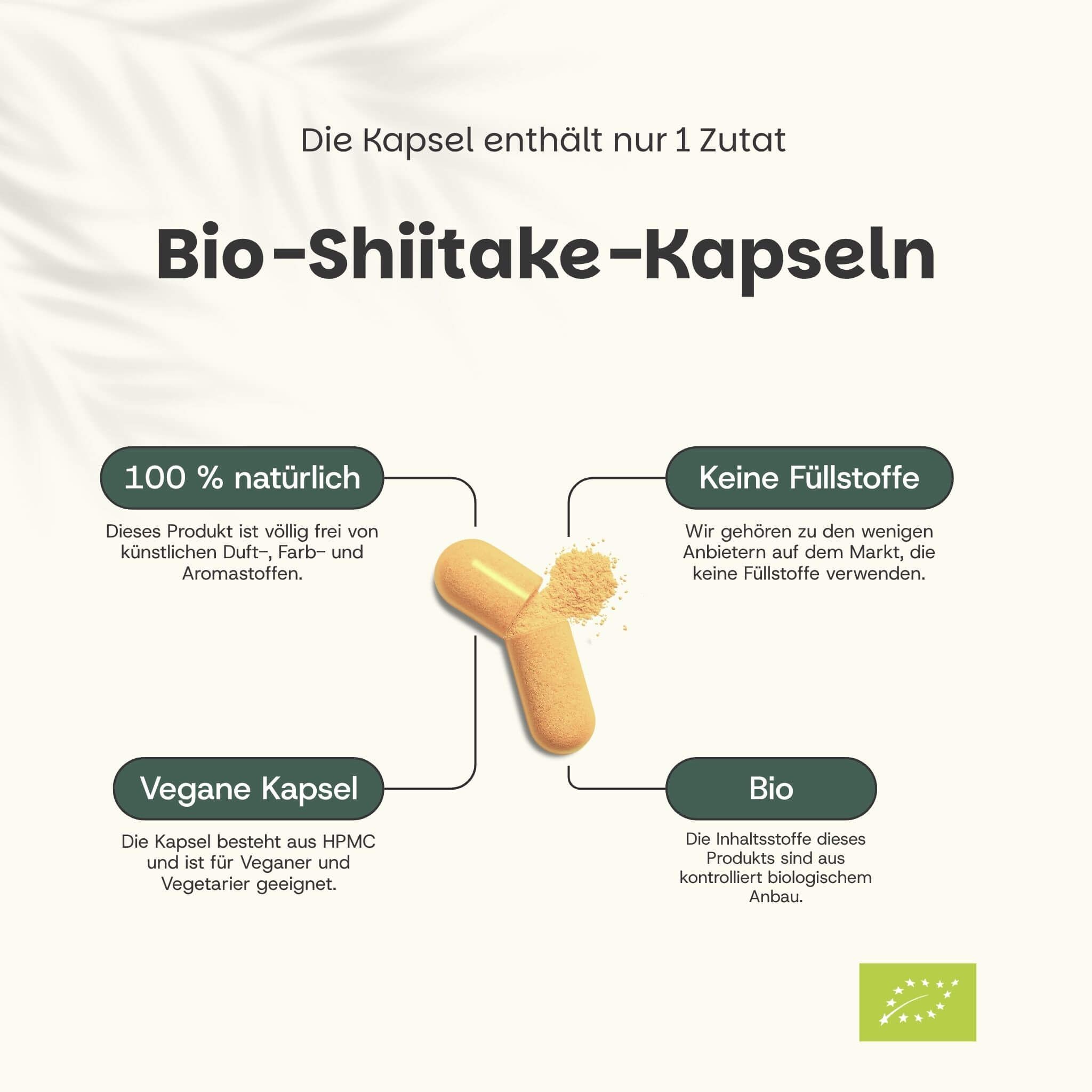 Eine Kapsel mit Inhalt. Text: 100% natürlich, keine Füllstoffe, vegane Kapsel, Bio. Bio-Siegel.