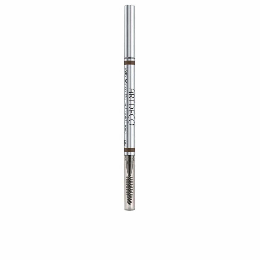 Stift mit silberfarbenem Schaft und brauner Mine. Am Ende Bürste. Aufschrift: ARTDECO, 24hMicro Brow L.L.W.Brush.
