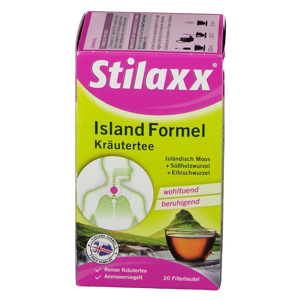 Stilaxx Island Formel Kräutertee Packung. Rosa-weißes Design mit Produktnamen und Illustrationen. 20 Filterbeutel.