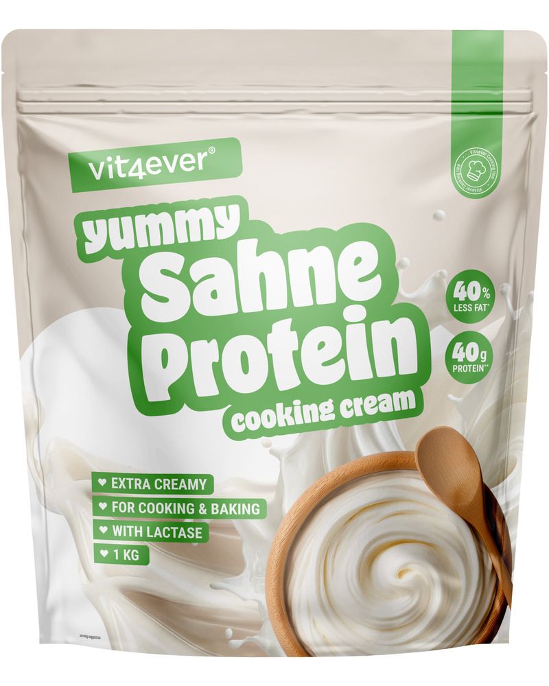 Beutel mit Yummy Sahne Protein. Text: Extra cremig, für Kochen & Backen, mit Laktase, 40% weniger Fett, 40g Protein. 1 kg.
