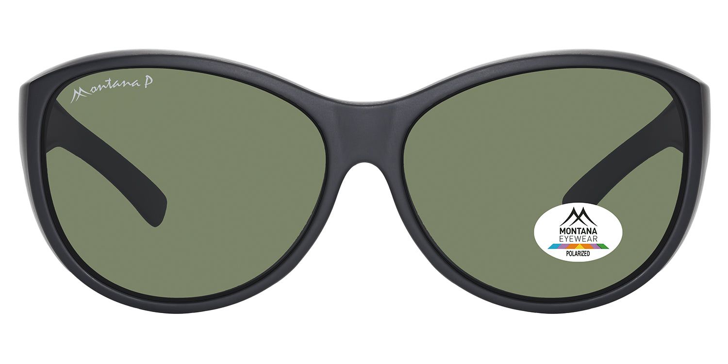 Schwarze Sonnen-Überbrille mit grünen Gläsern. Montana Eyewear Logo auf dem Bügel und Glas. Polarisiert.