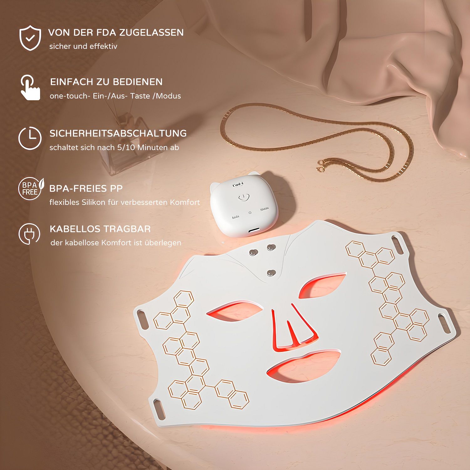 COOL-i LED Gesichtsmaske,4 Lichtfarben,Infrarot,kabellos, mit 10 Min.Timer