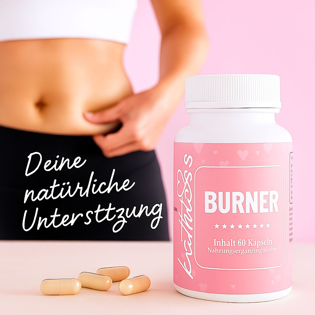 Weiße Flasche mit rosa Etikett. Aufschrift BURNER, Kathless Logo. Inhalt: 60 Kapseln. Nahrungsergänzungsmittel. Daneben Kapseln.