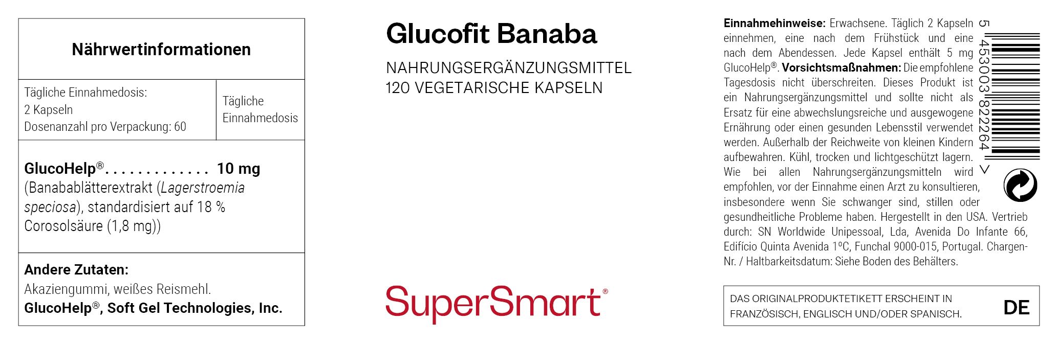 Etikett von Glucofit Banaba mit Nährwertinformationen und Inhaltsstoffen. Enthält 120 vegetarische Kapseln. Marke: SuperSmart.