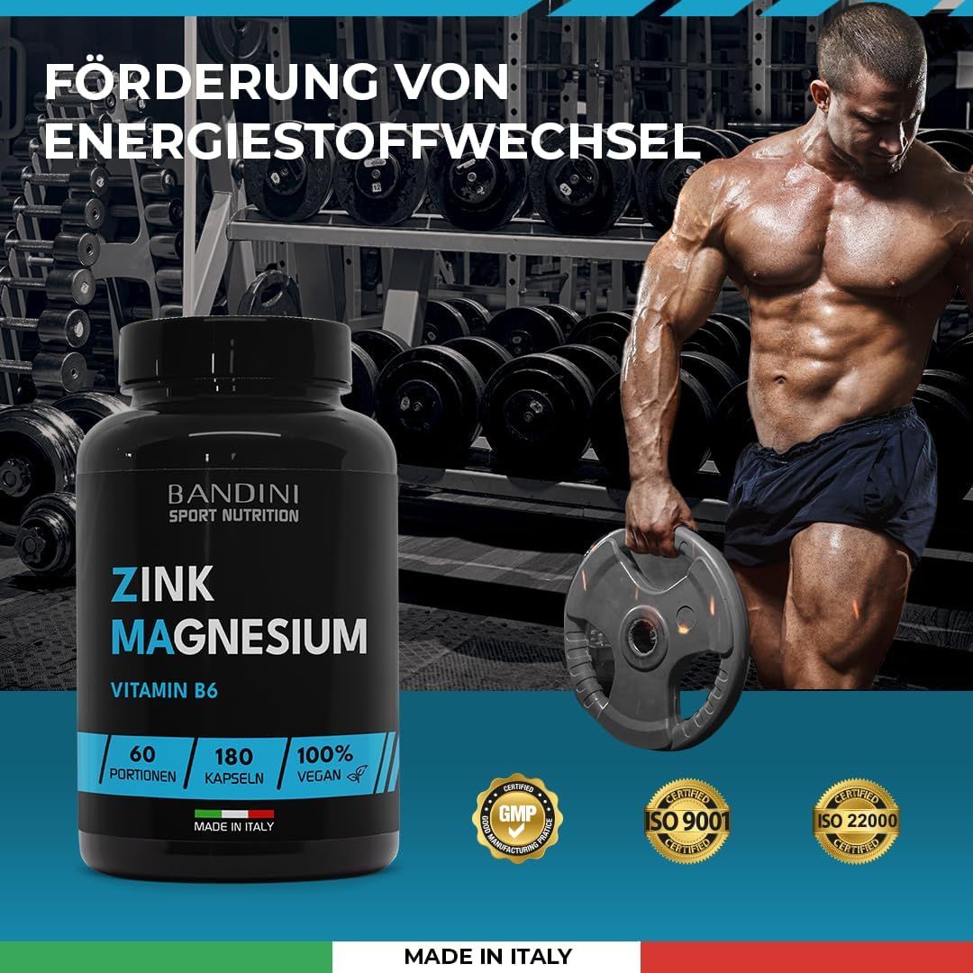 Schwarze Flasche mit Kapseln. Aufschrift: Zink Magnesium, Vitamin B6. 60 Portionen, 180 Kapseln, 100% vegan. GMP, ISO 9001, ISO 22000.