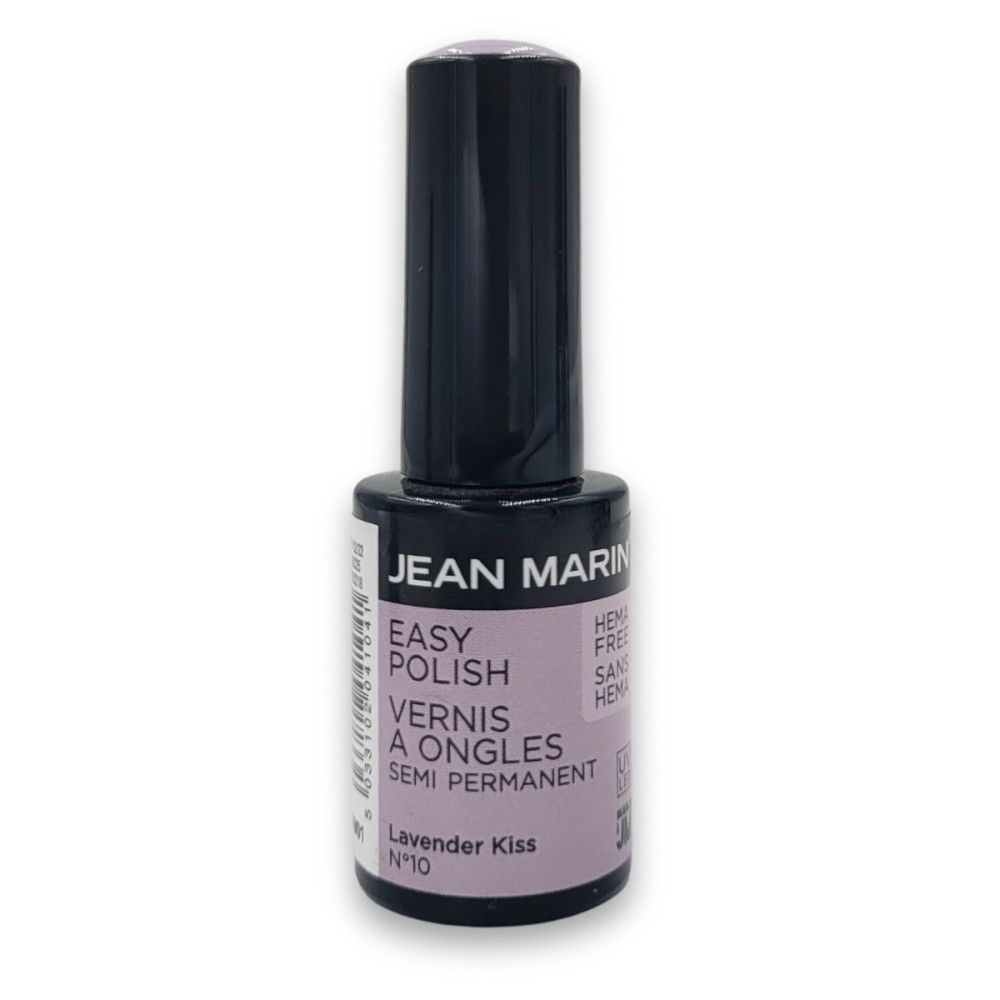 Nagellackflasche von Jean Marin. Schwarzer Deckel, lila Etikett mit Produktinformationen. "Lavender Kiss" und "Semi Permanent" sichtbar.