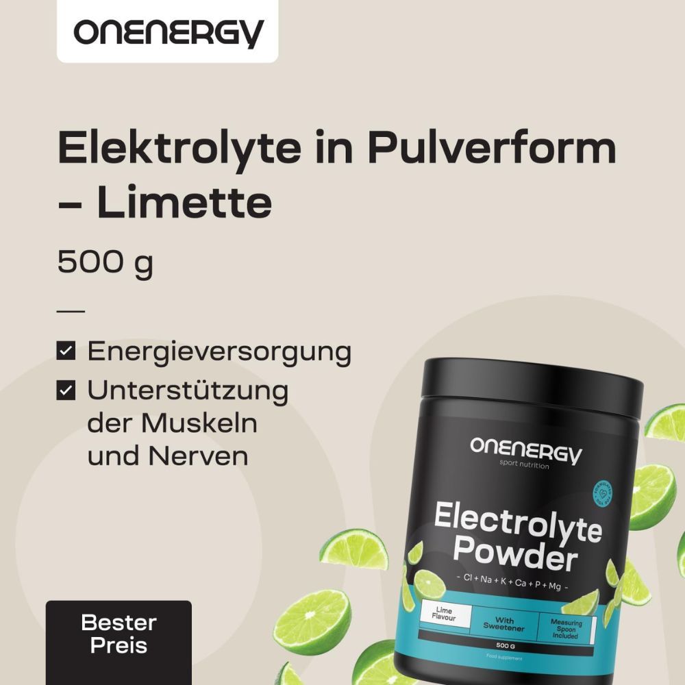 Dose "ONEENERGY Electrolyte Powder" mit Text "Elektrolyte in Pulverform - Limette". Limettenstücke.