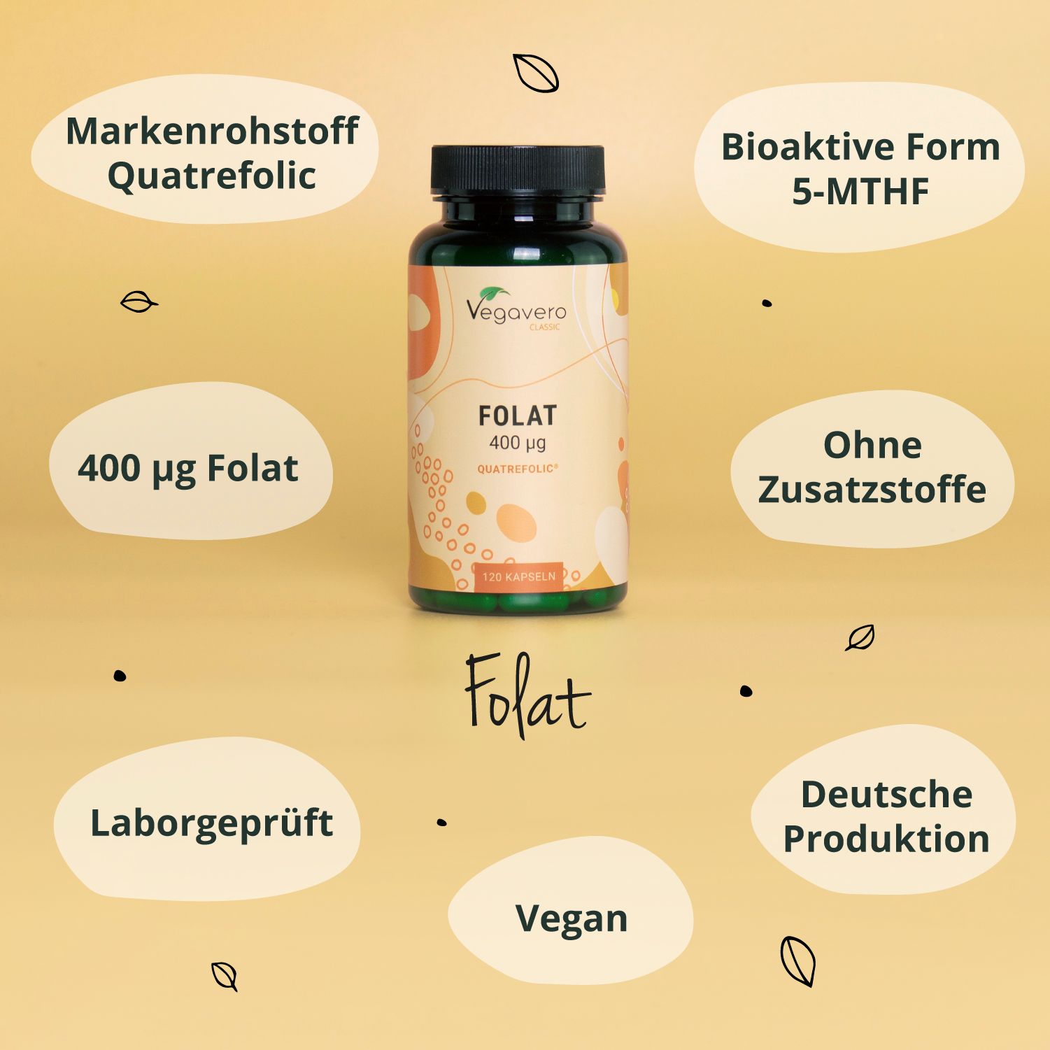 Flasche Folat 400 µg, Quatrefolic, 120 Kapseln. Logos: Vegan, Deutsche Produktion, Laborgeprüft, Ohne Zusatzstoffe.