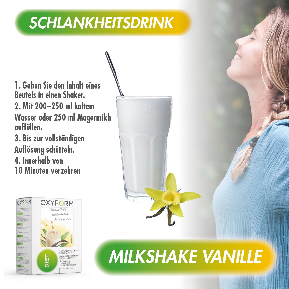 Glas Milchshake Vanille mit Strohhalm. Daneben Packung, Vanilleblüte und Frau. Text: "Schlankheitsdrink".