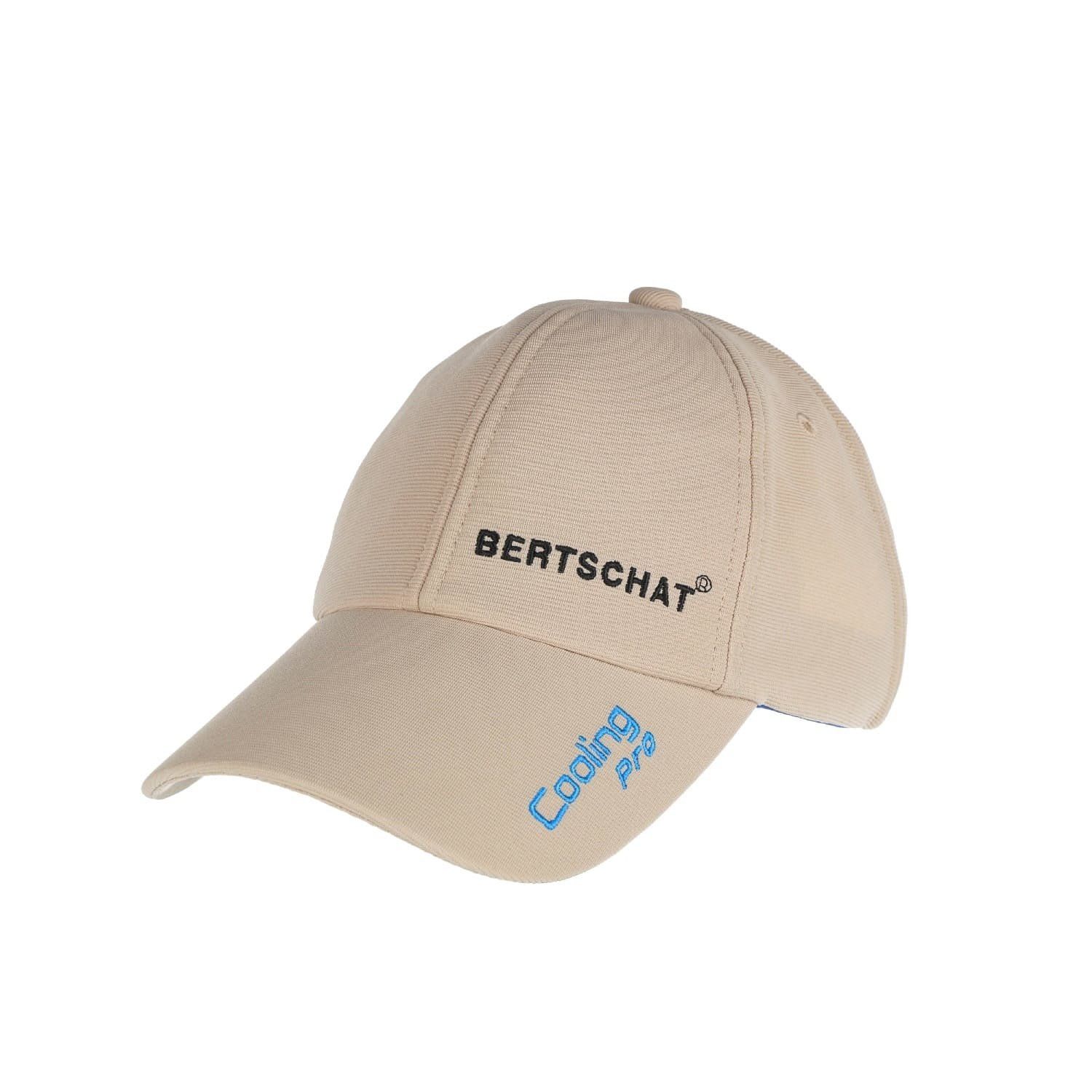 Beige Kappe mit gebogenem Schirm. Auf der Vorderseite steht "BERTSCHAT" in Schwarz und "Cooling Pro" in Blau.