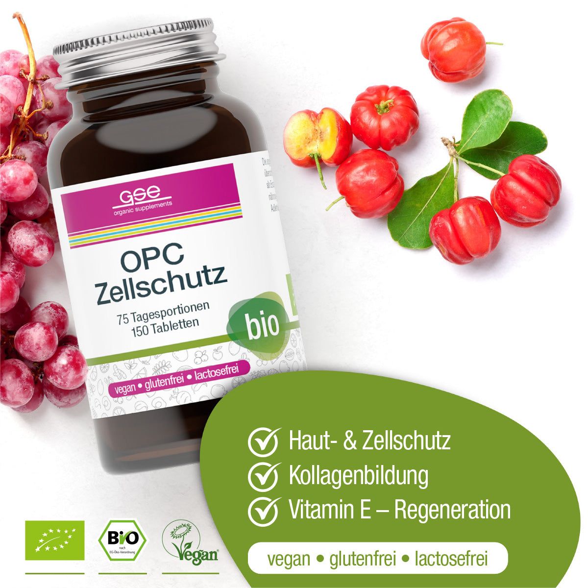 Braune Glasflasche mit GSE OPC Zellschutz. Aufschrift: 75 Tagesportionen, 150 Tabletten. Bio-Siegel. Früchte im Hintergrund.