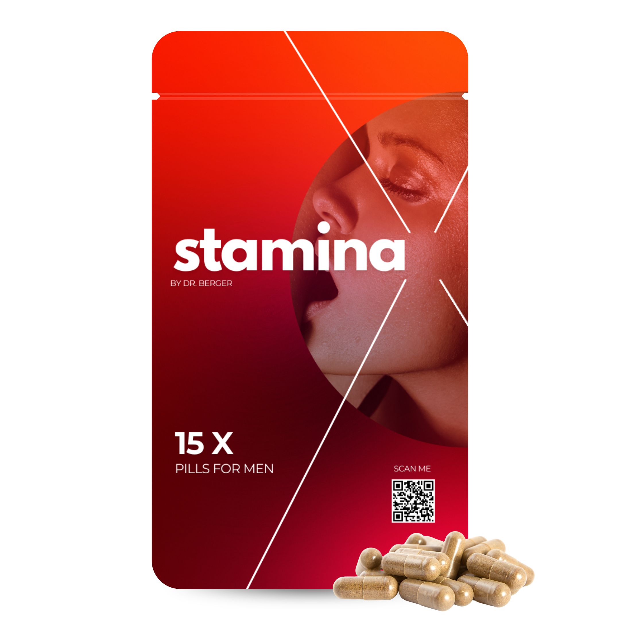 Beutel mit "stamina" und "15 X Pills for Men" Schriftzug. Braune Kapseln liegen daneben.
