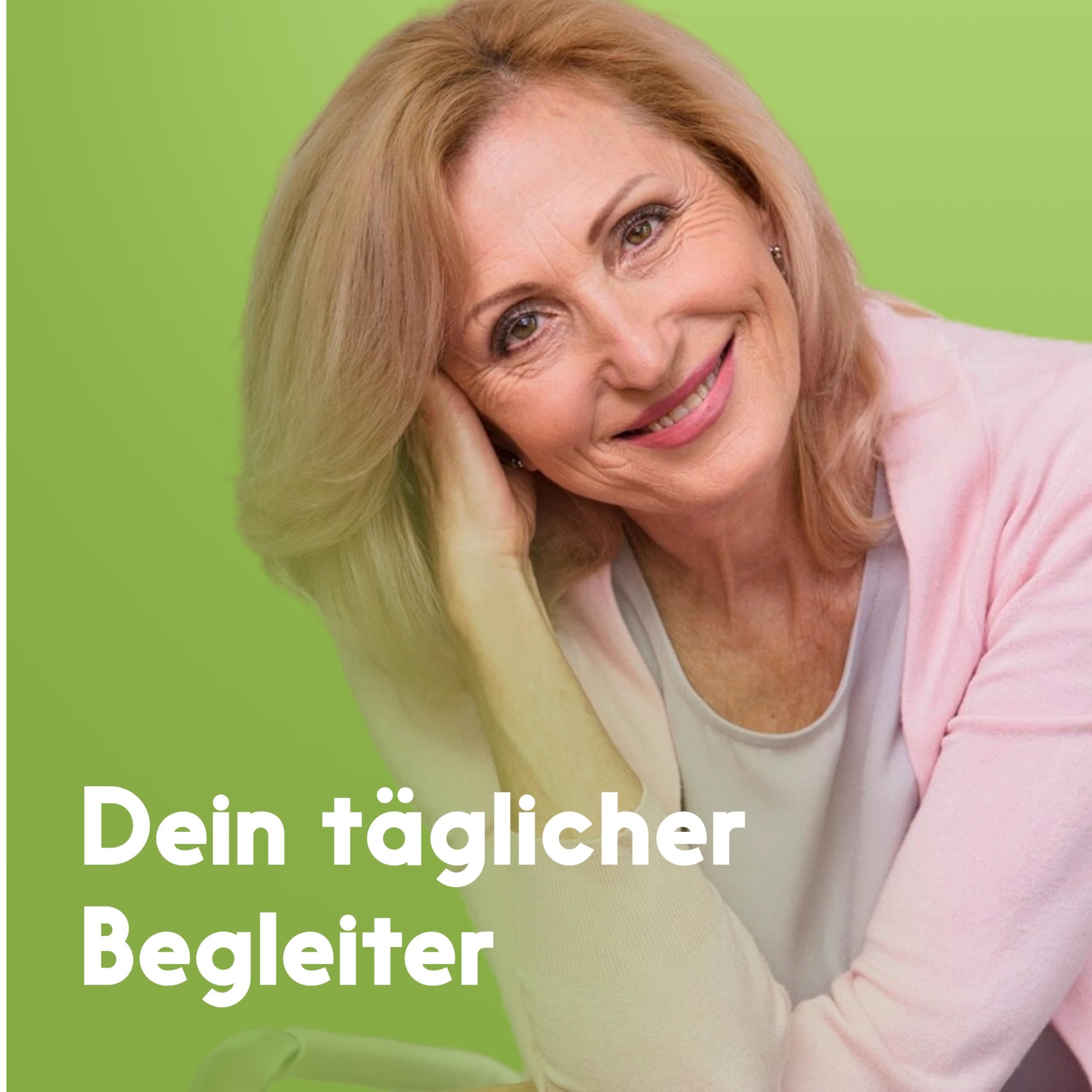 Porträt einer lächelnden Frau. Text: Dein täglicher Begleiter.