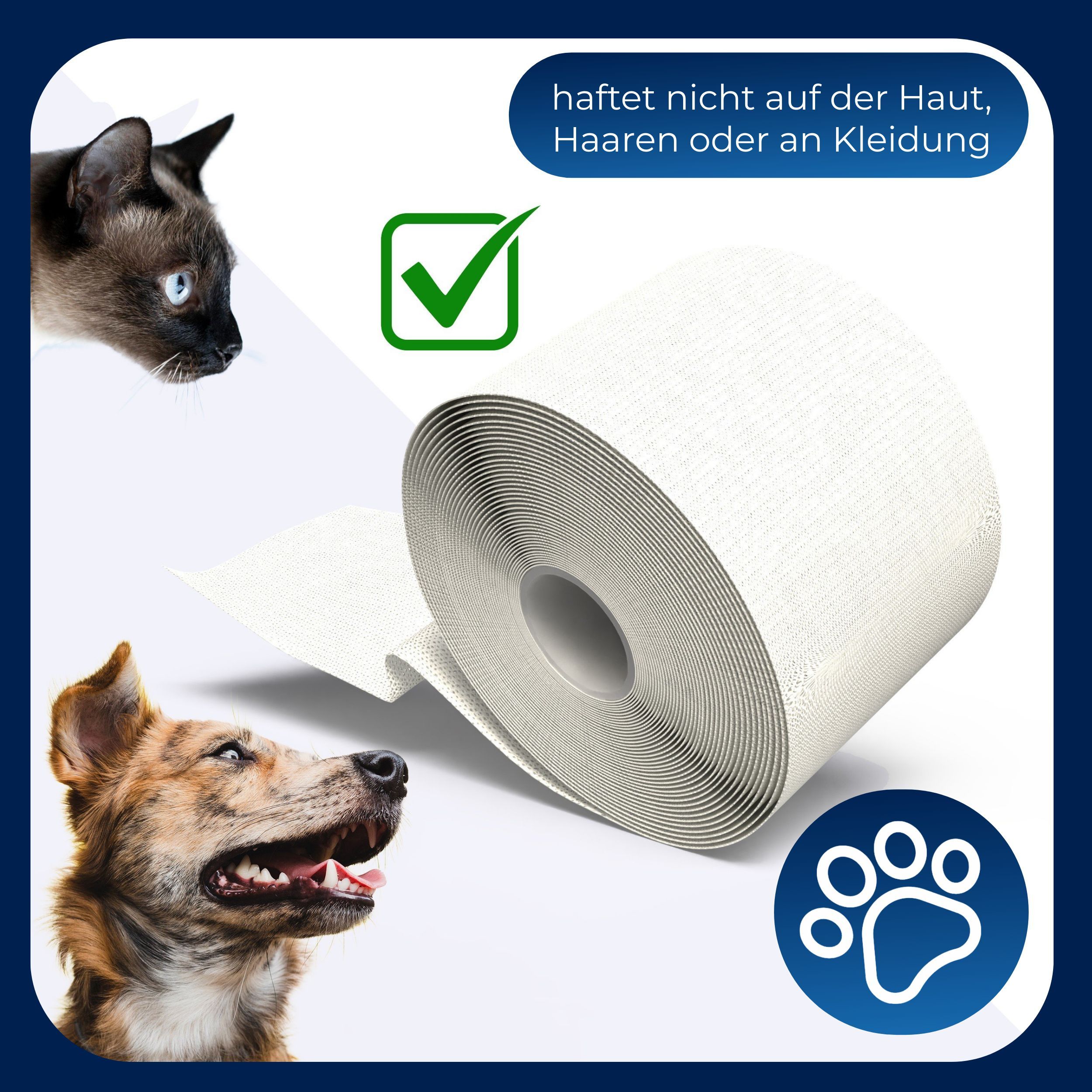 Fixierbinde, weiß, gerollt. Text zeigt: haftet nicht auf Haut, Haaren oder Kleidung. Katze und Hund im Bild.