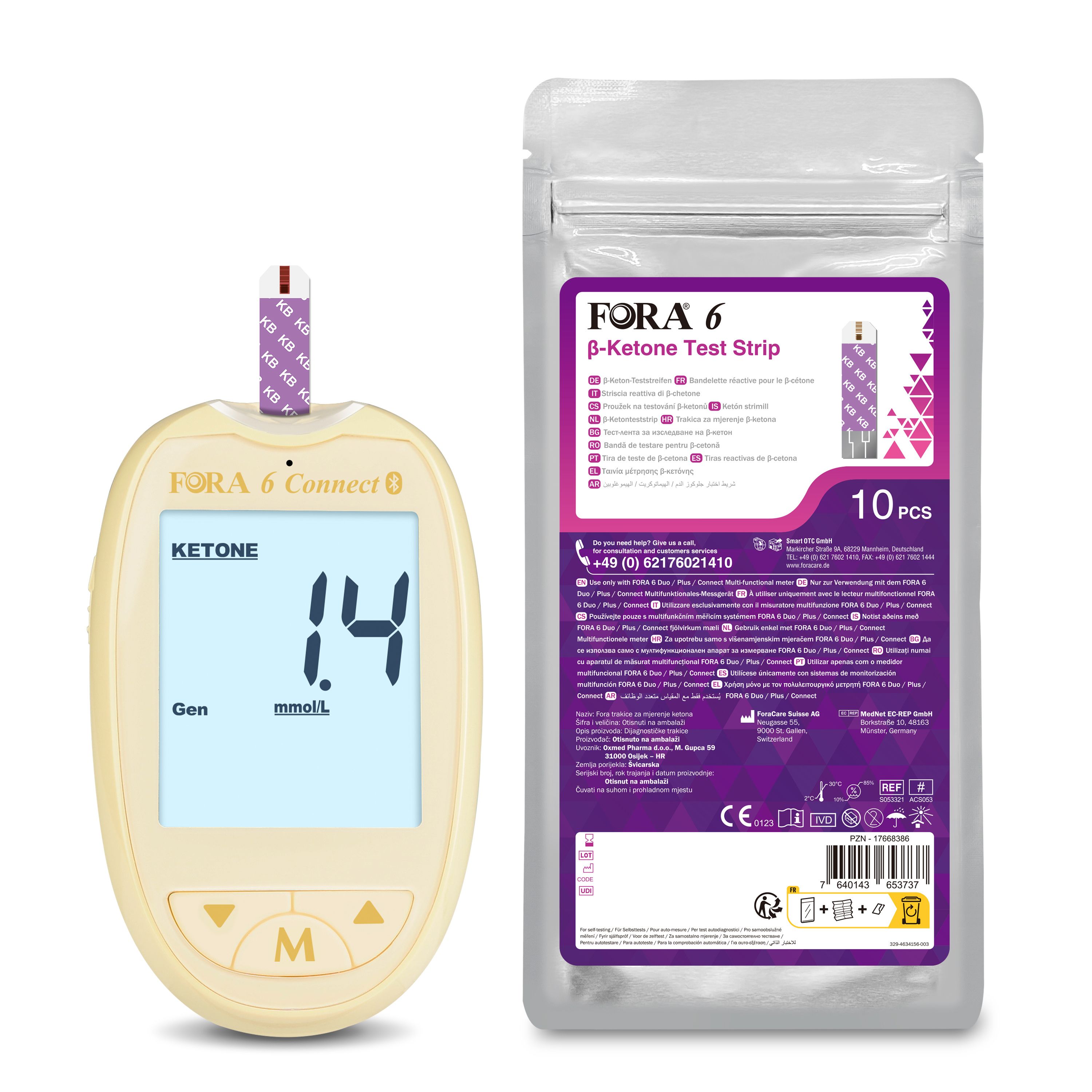 Beiges FORA 6-Messgerät mit Teststreifen und Packung mit 10 β-Keton-Teststreifen. Anzeige: 1.4 mmol/L.