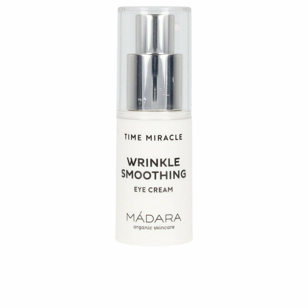 Madara Time Miracle Augencreme. Weiße Flasche mit silbernem Spender. Text: Time Miracle, Wrinkle Smoothing, Eye Cream. Transparent Kappe.